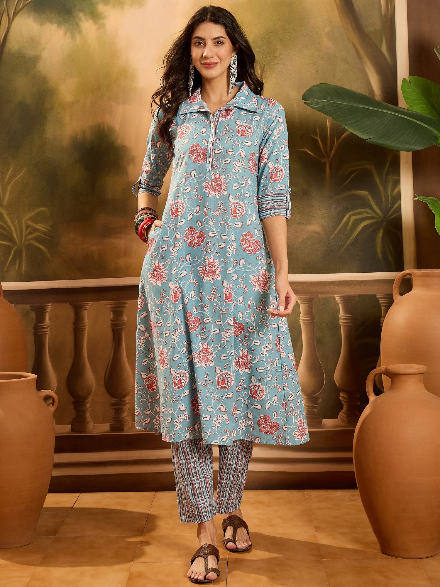 Women's Turq Blue Floral Printed Cotton Co-ords Set (CSTURQRANJAN) | D