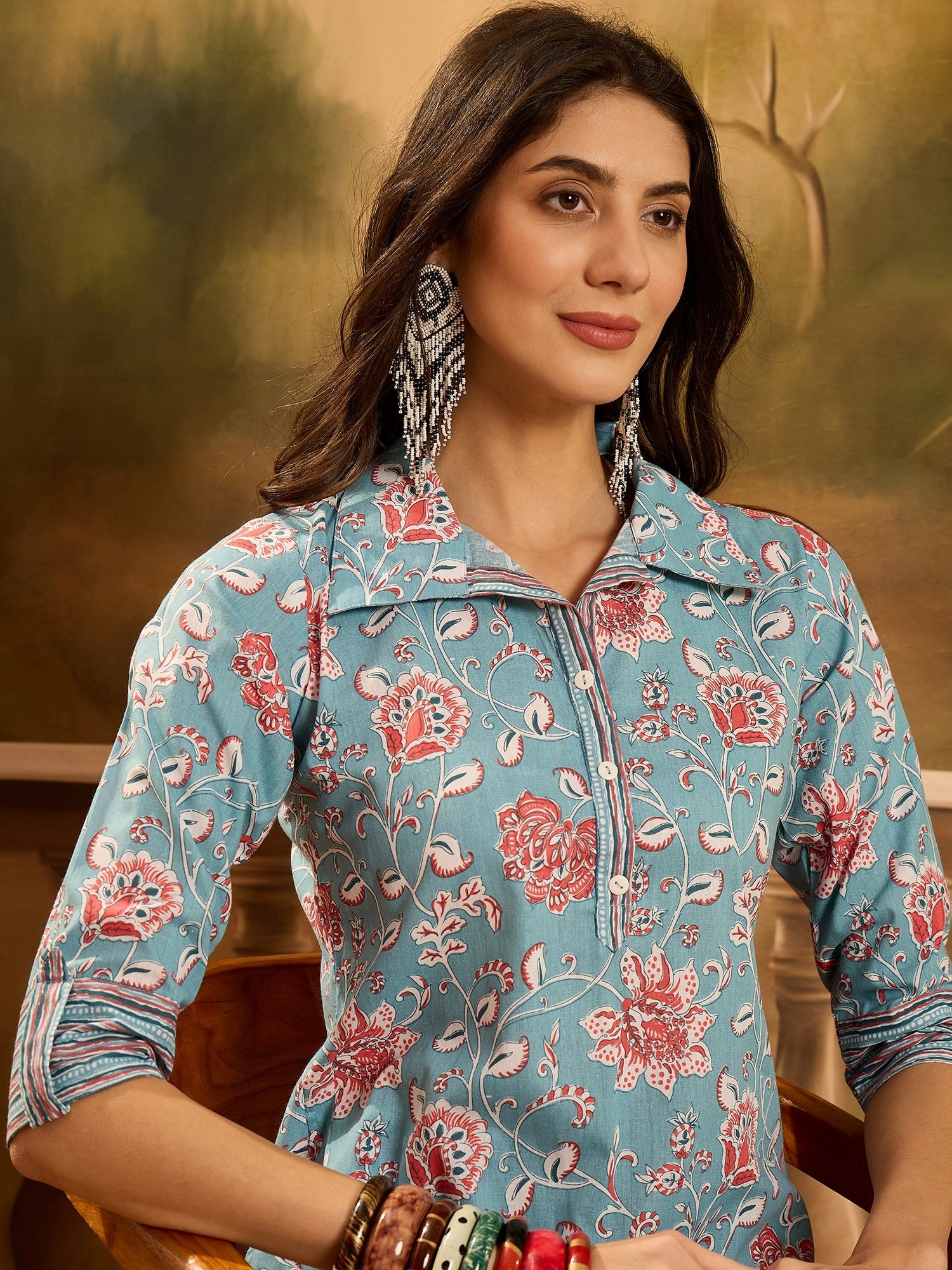 Women's Turq Blue Floral Printed Cotton Co-ords Set (CSTURQRANJAN) | D