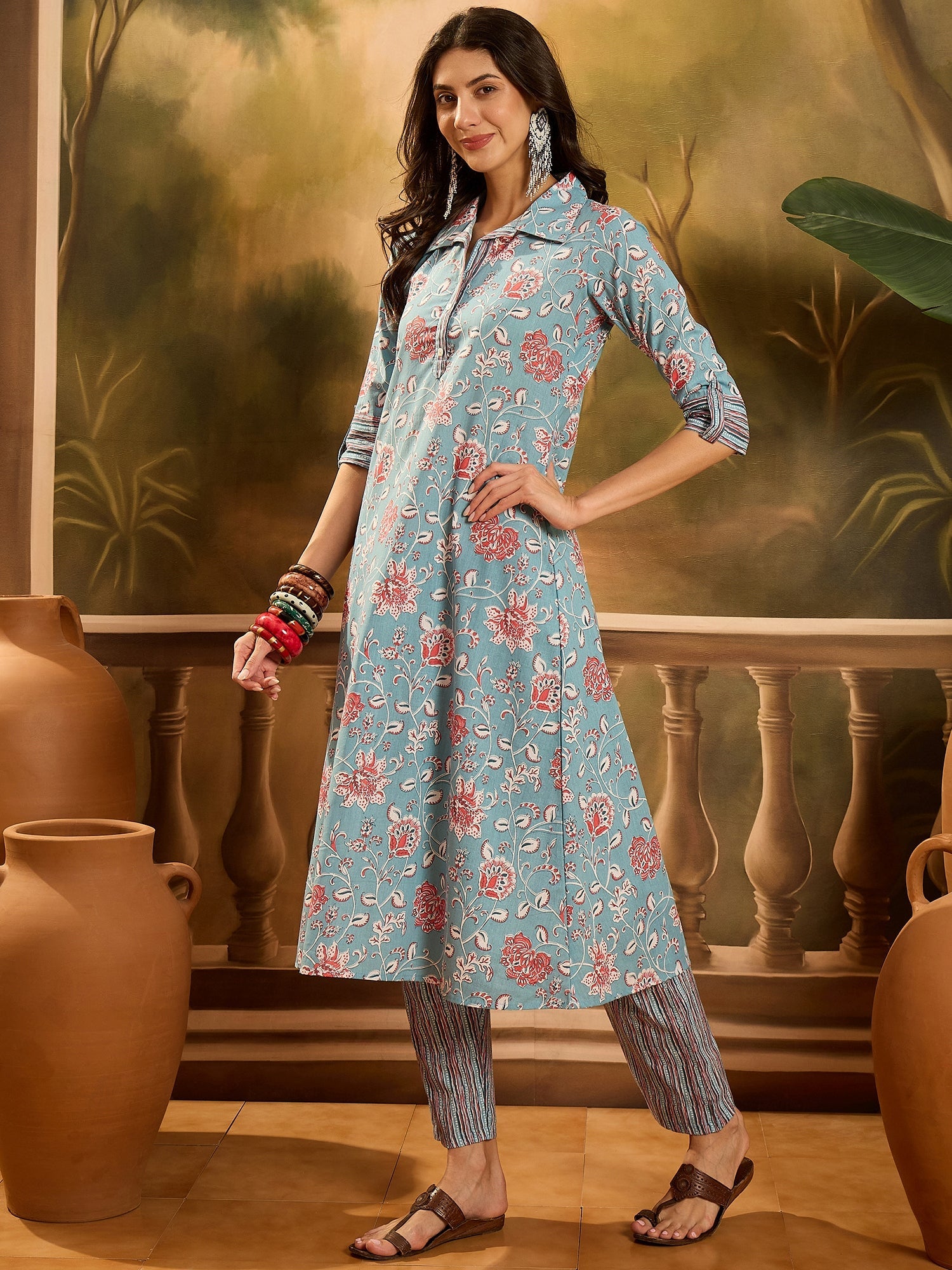 Women's Turq Blue Floral Printed Cotton Co-ords Set (CSTURQRANJAN) | D