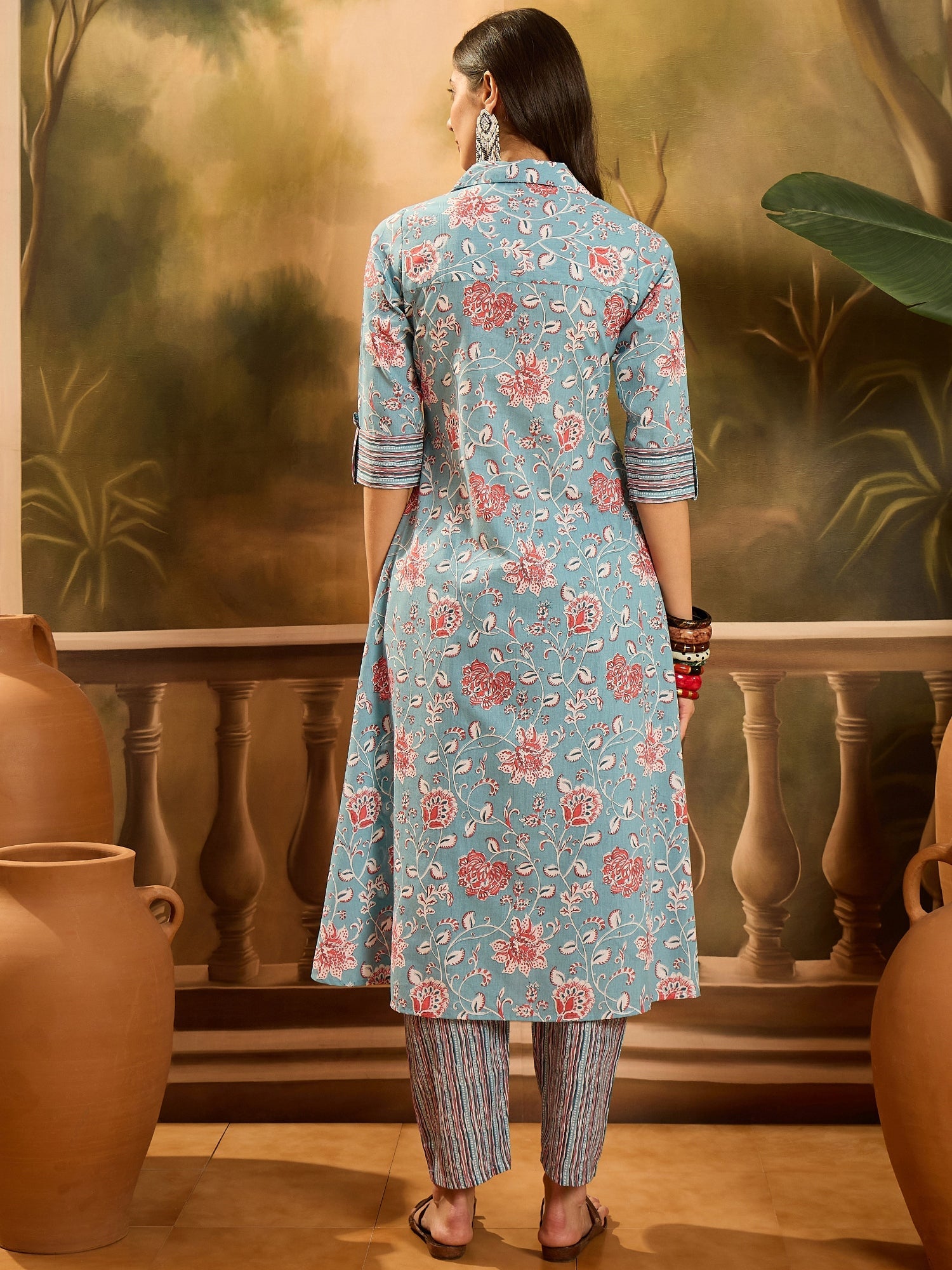 Women's Turq Blue Floral Printed Cotton Co-ords Set (CSTURQRANJAN) | D