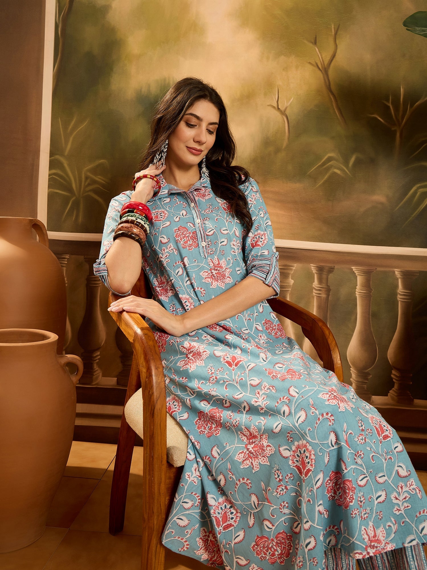 Women's Turq Blue Floral Printed Cotton Co-ords Set (CSTURQRANJAN) | D