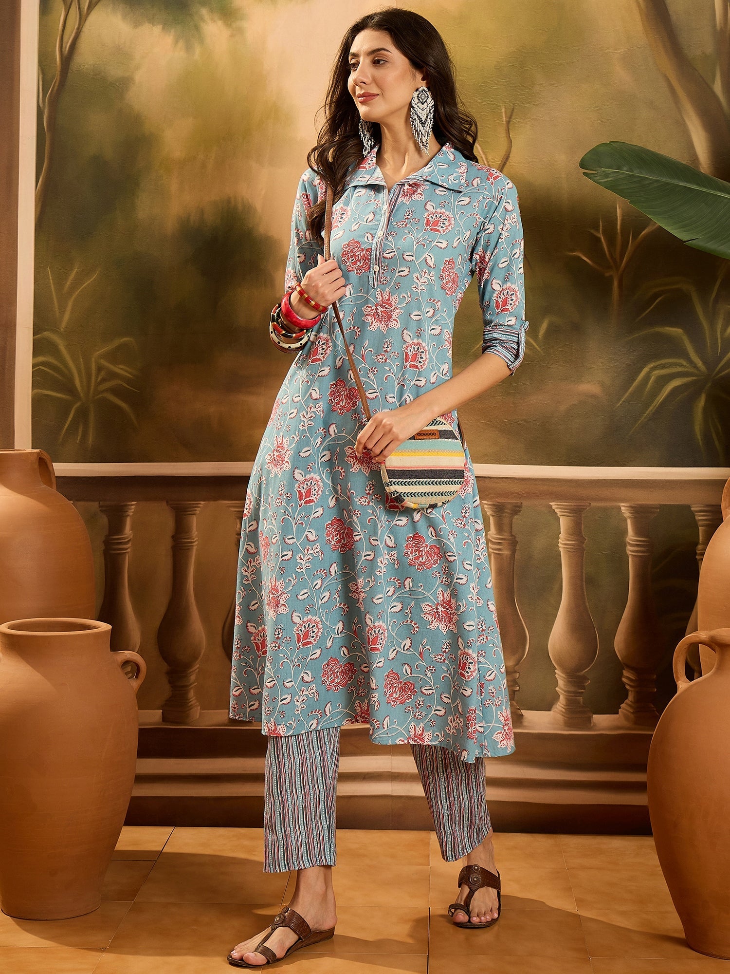 Women's Turq Blue Floral Printed Cotton Co-ords Set (CSTURQRANJAN) | D