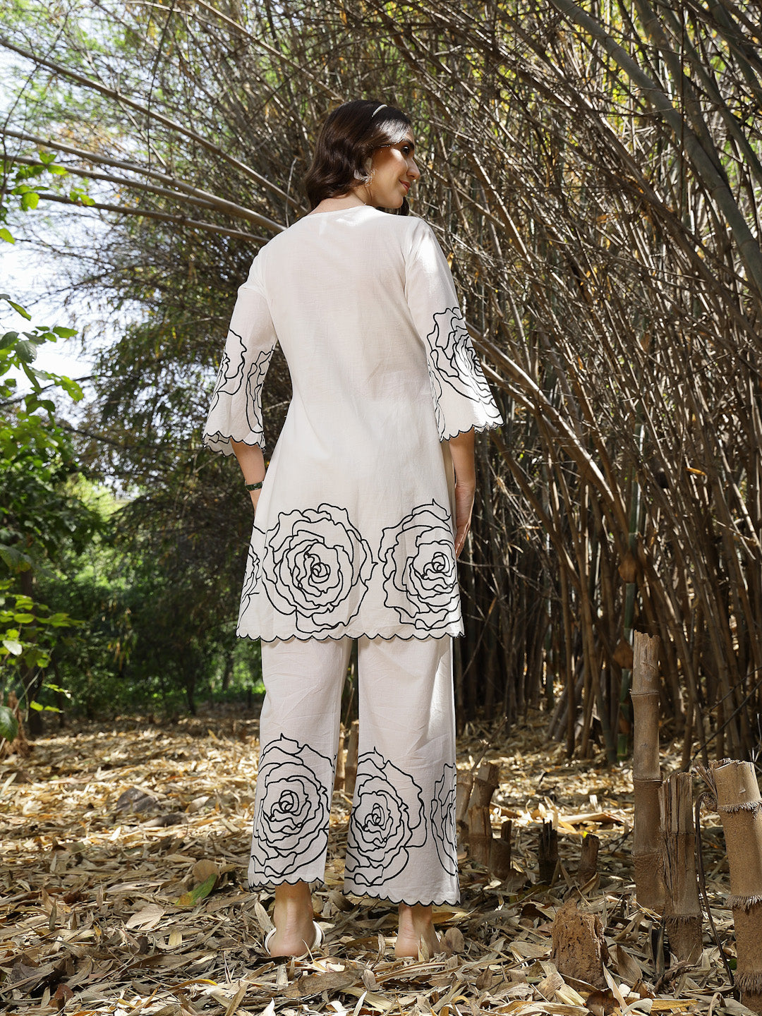 Women's White Floral & Embroidered Cotton Co-ord Set (CSWHITEZINPA) | 