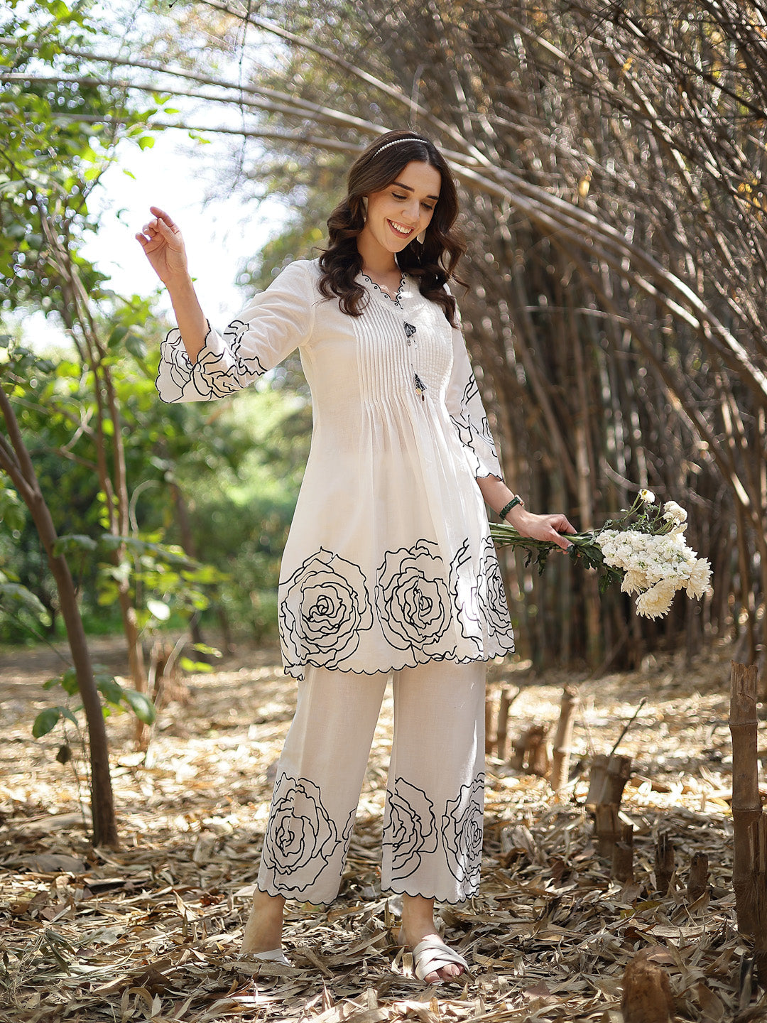 Women's White Floral & Embroidered Cotton Co-ord Set (CSWHITEZINPA) | 