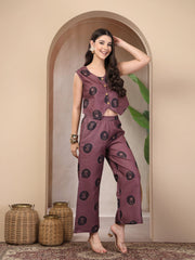 Stylum Women's Wine Botanical Printed Cotton Flex Co-Ord Set (CSWINERUSSO)