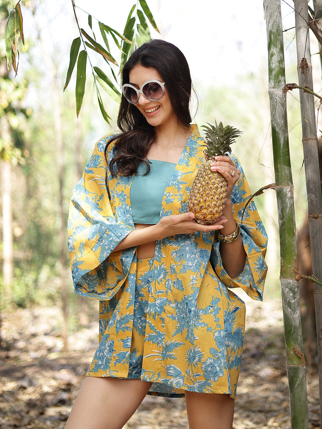 Women's Yellow Tropical Printed Cotton Co-Ord Set (CSYELLOWSIDDU) | De