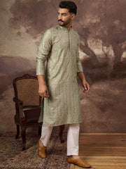 Ethnic Bay Men Green Silk Blend Solid Embroidered Straight Kurta With Pant Set-MKSET1356