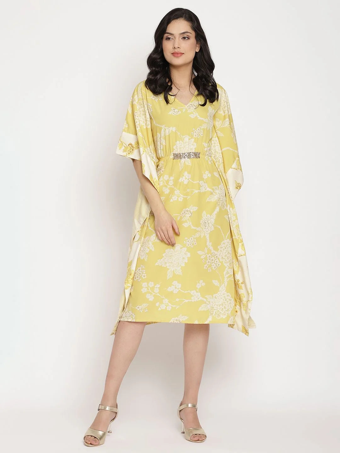 Lime Green & Off White Floral Printed Kaftan Kurta-AHKFCRDP-6026-FF