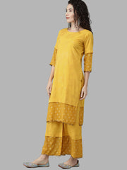 Mustard Yellow Printed Kurta Palazzo Set With Dupatta-AHKUDUPZ-Combo-250