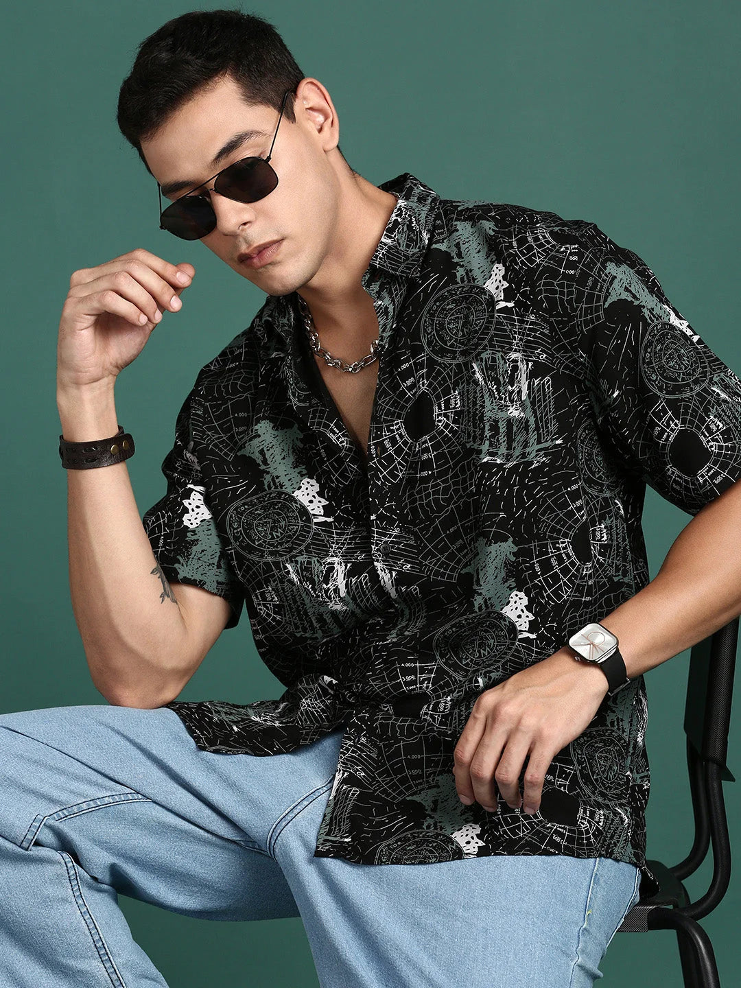 Black Graphic Print Slim Fit Shirt | Men's Cotton Shirt