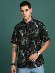 Men Graphic Black Slim Fit Shirt-Cain-3087-Black