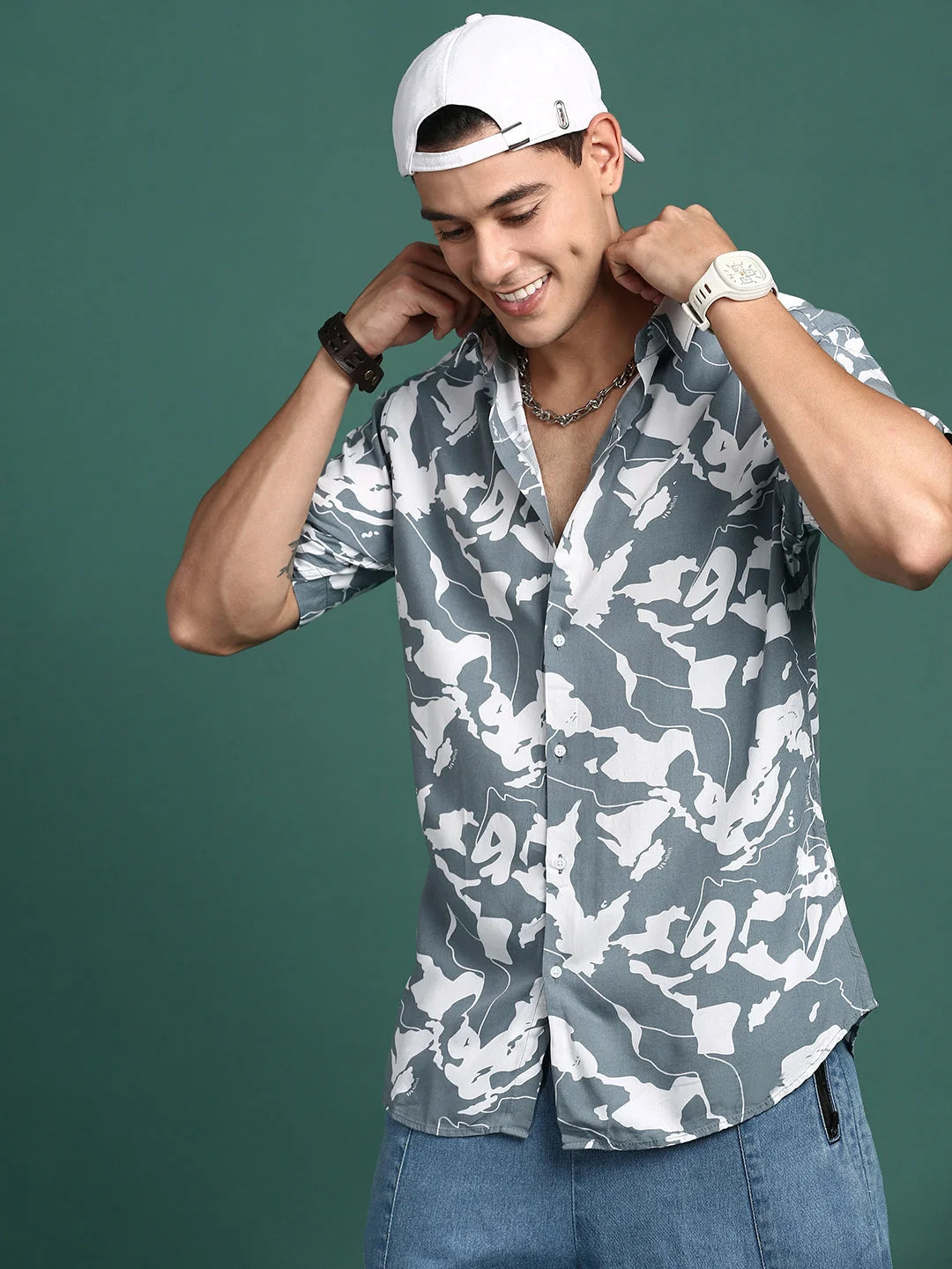 Men's Abstract Printed Shirt - Grey Cotton Slim Fit Shirt