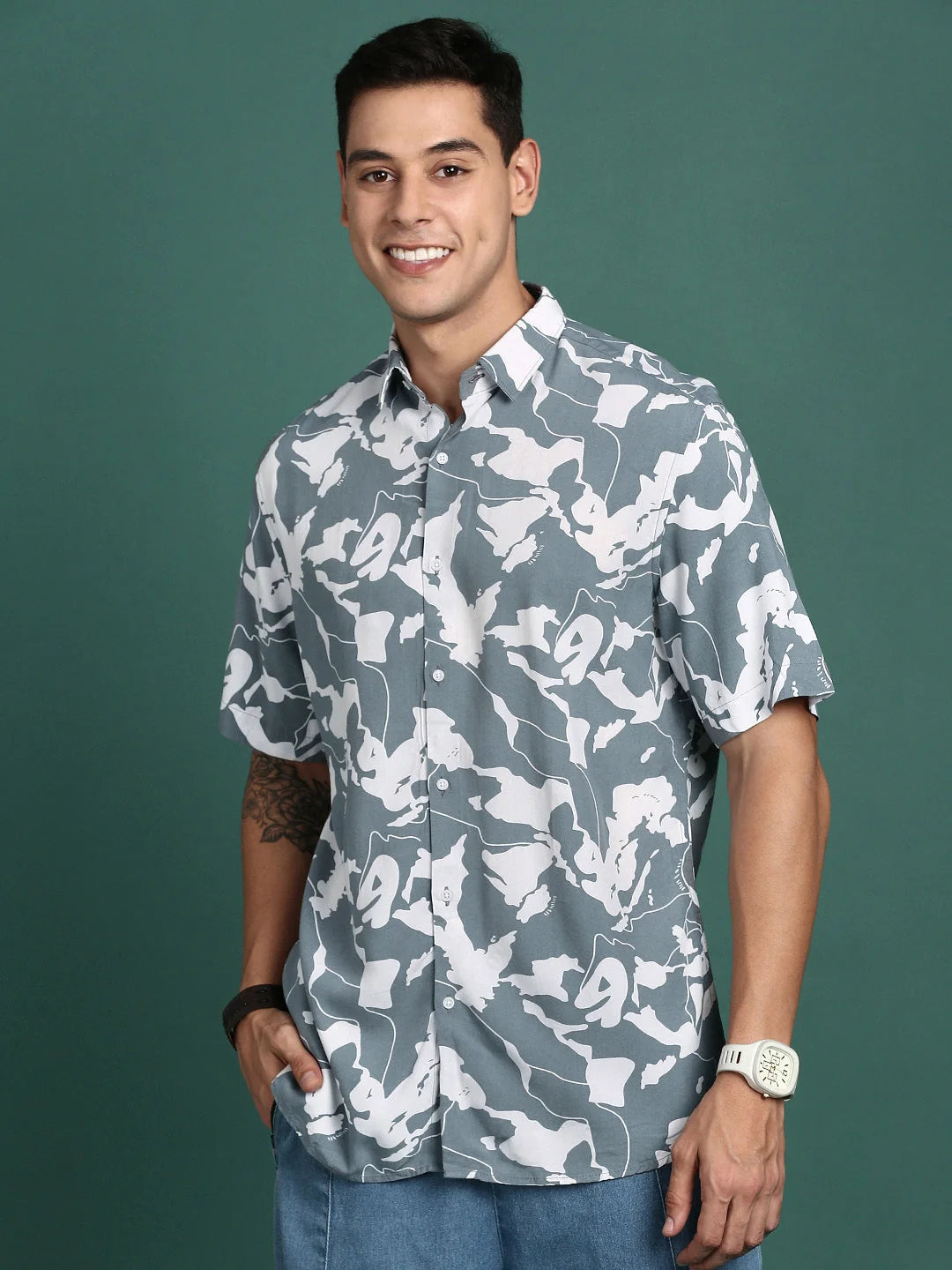 Men's Abstract Printed Shirt - Grey Cotton Slim Fit Shirt