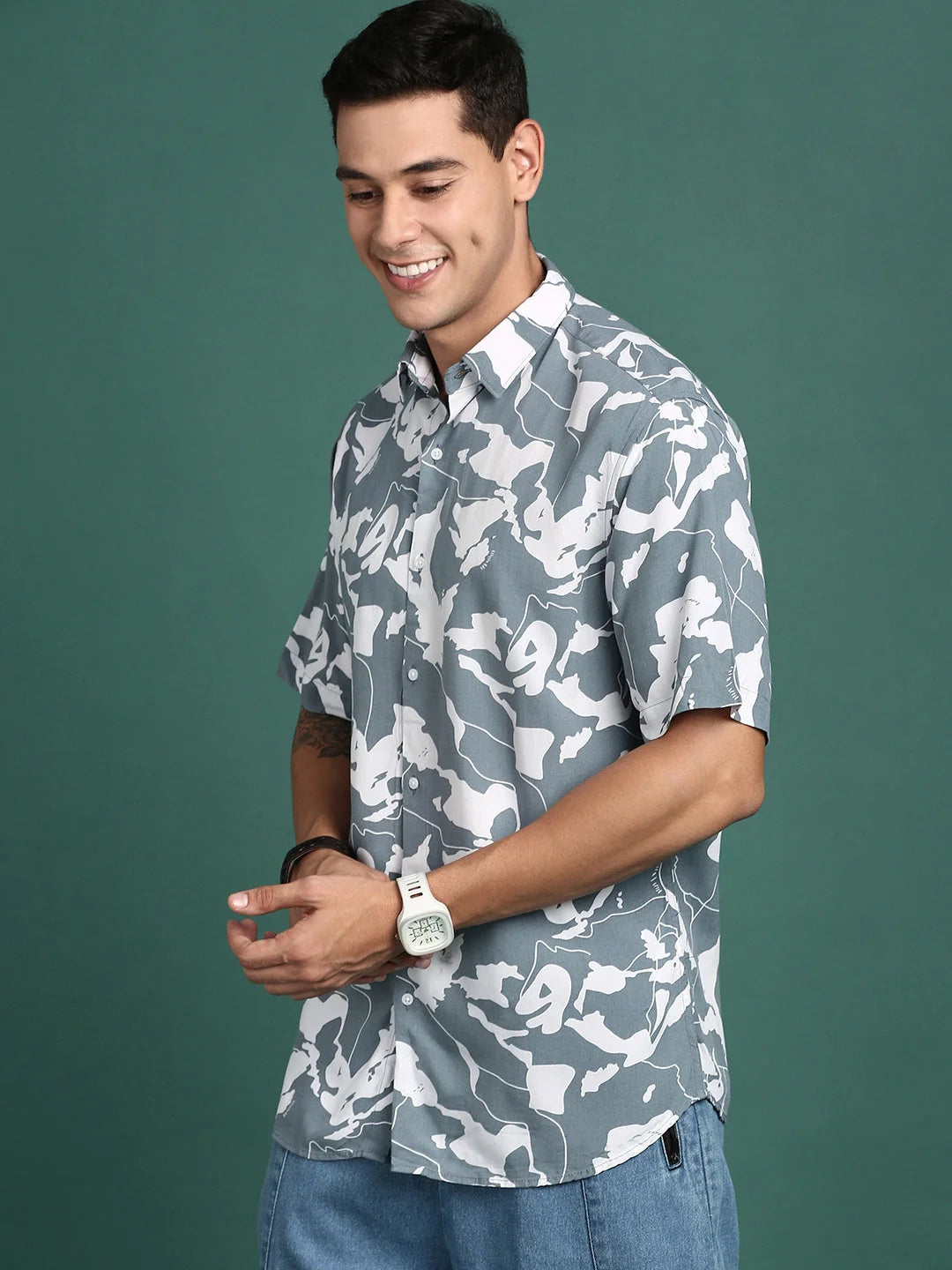 Men's Abstract Printed Shirt - Grey Cotton Slim Fit Shirt