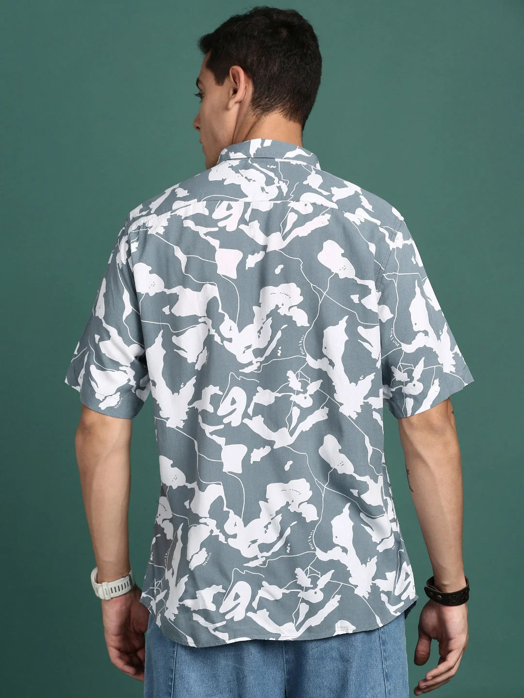 Men's Abstract Printed Shirt - Grey Cotton Slim Fit Shirt