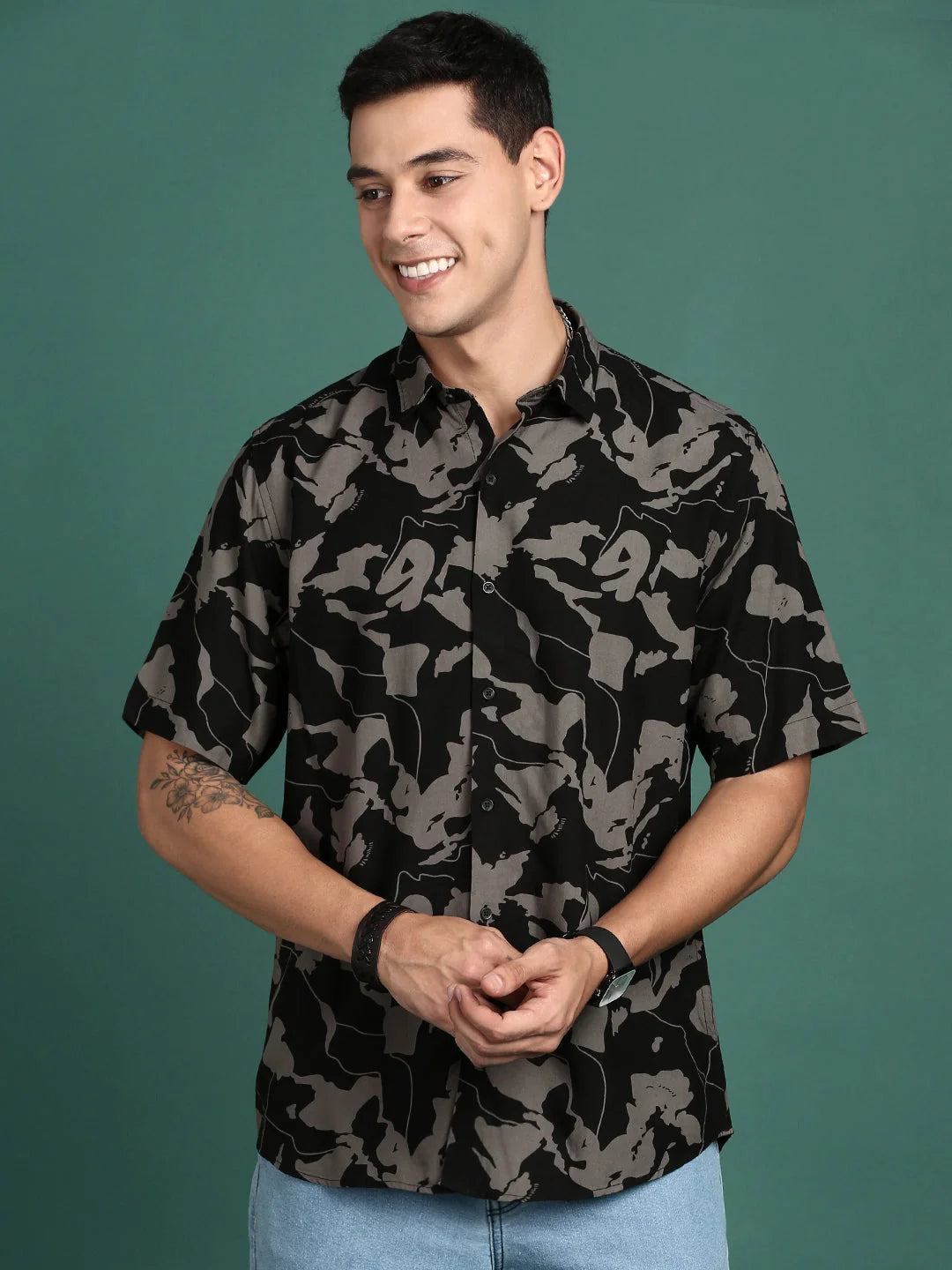 Men's Abstract Black Cotton Shirt | Slim Fit Printed Shirt
