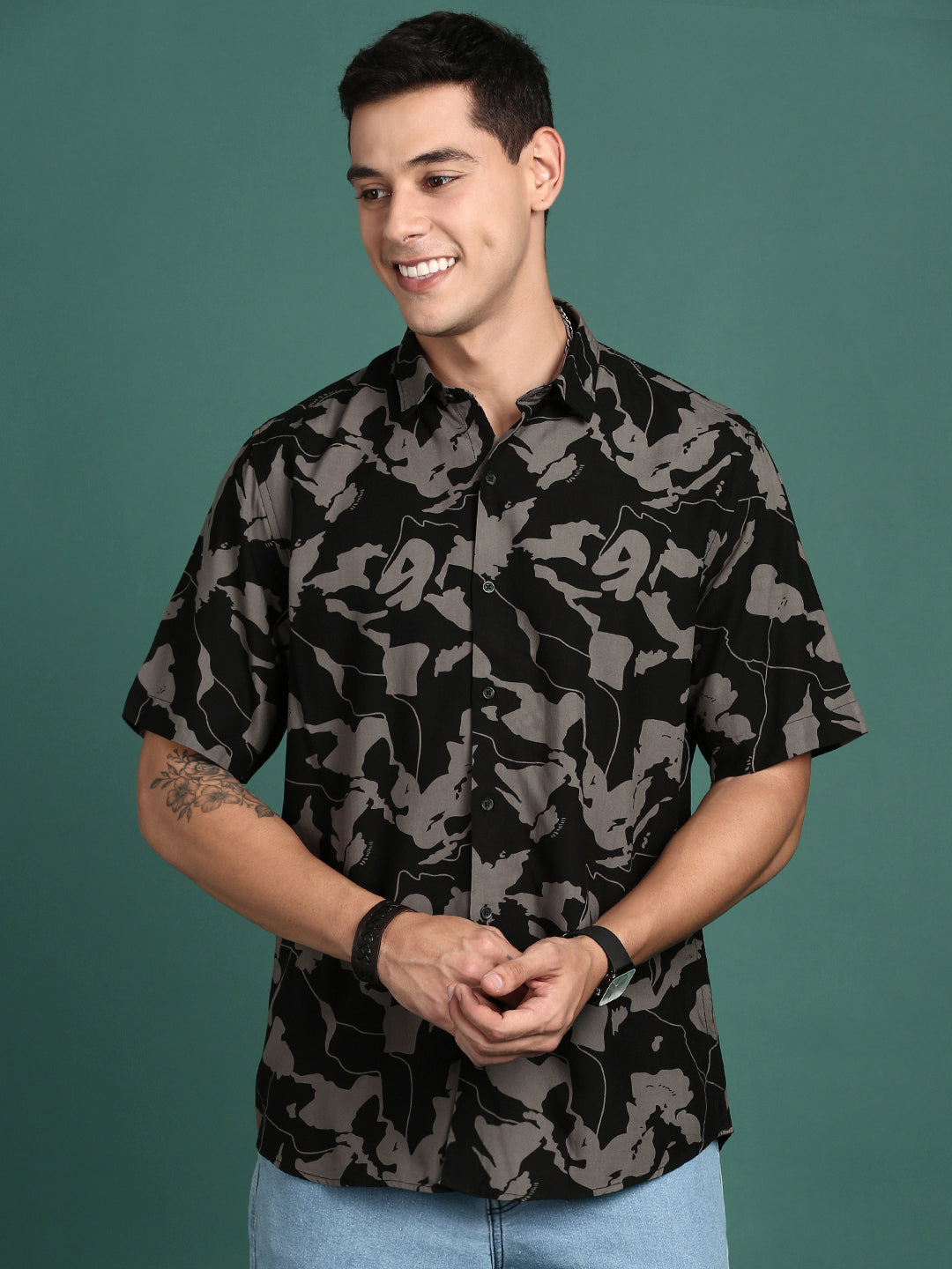 Men's Abstract Black Cotton Shirt | Slim Fit Printed Shirt