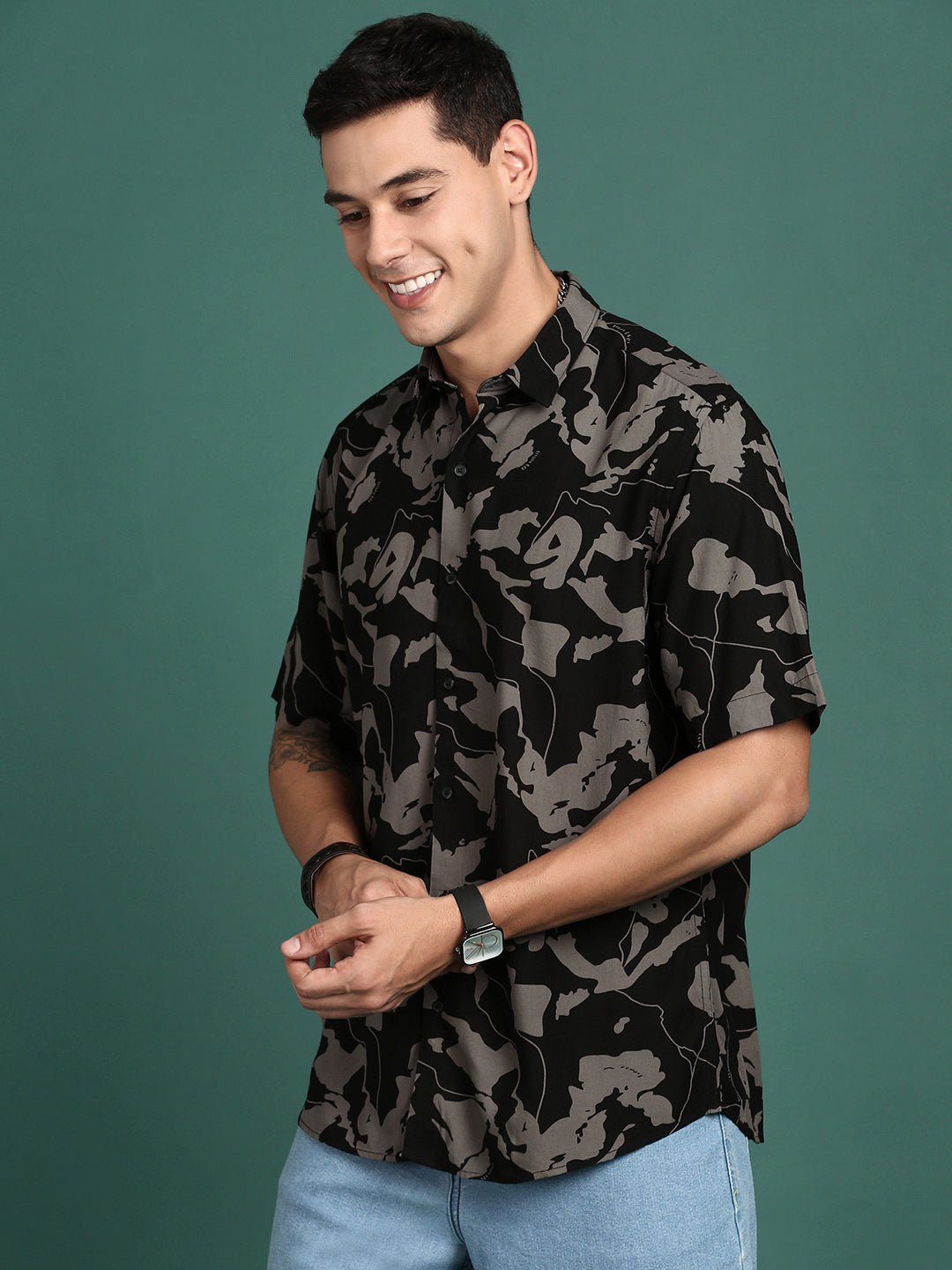 Men's Abstract Black Cotton Shirt | Slim Fit Printed Shirt