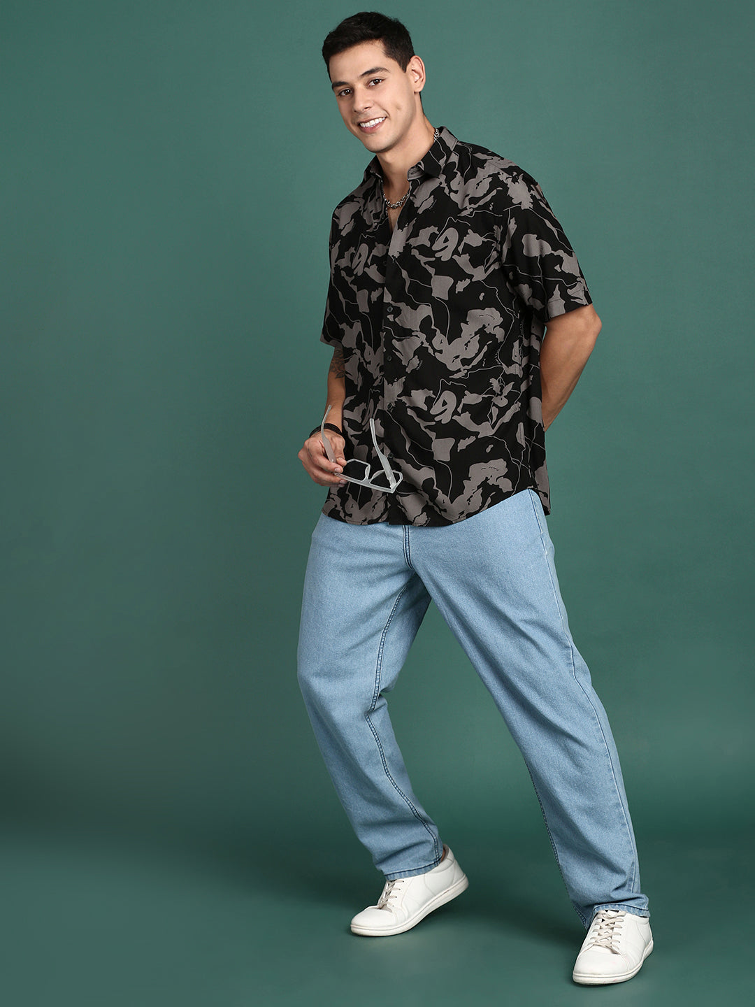 Men's Abstract Black Cotton Shirt | Slim Fit Printed Shirt