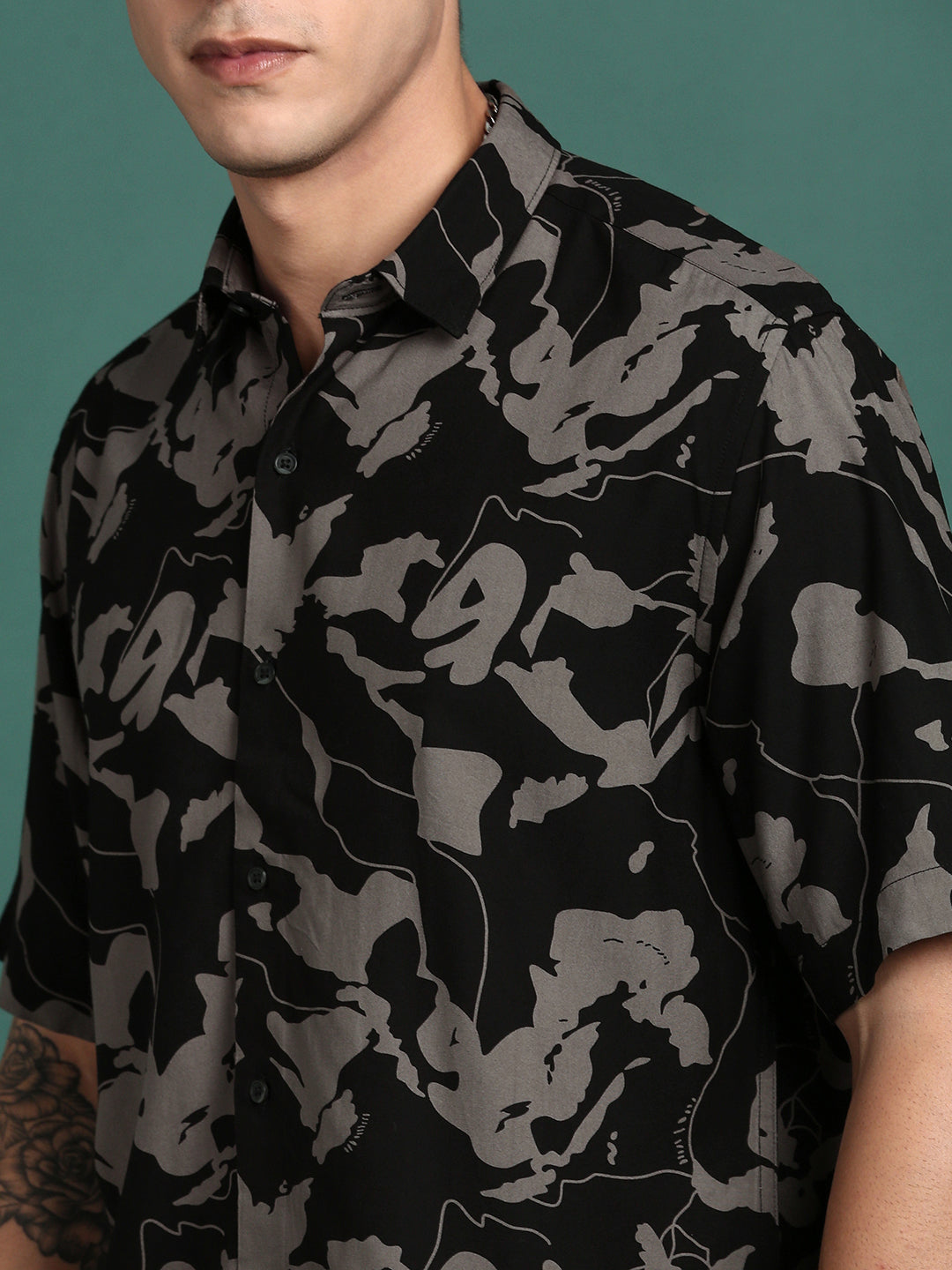 Men's Abstract Black Cotton Shirt | Slim Fit Printed Shirt