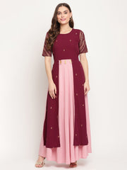 Wine Crepe Glitter Print Dress-AHDRCRGP-874