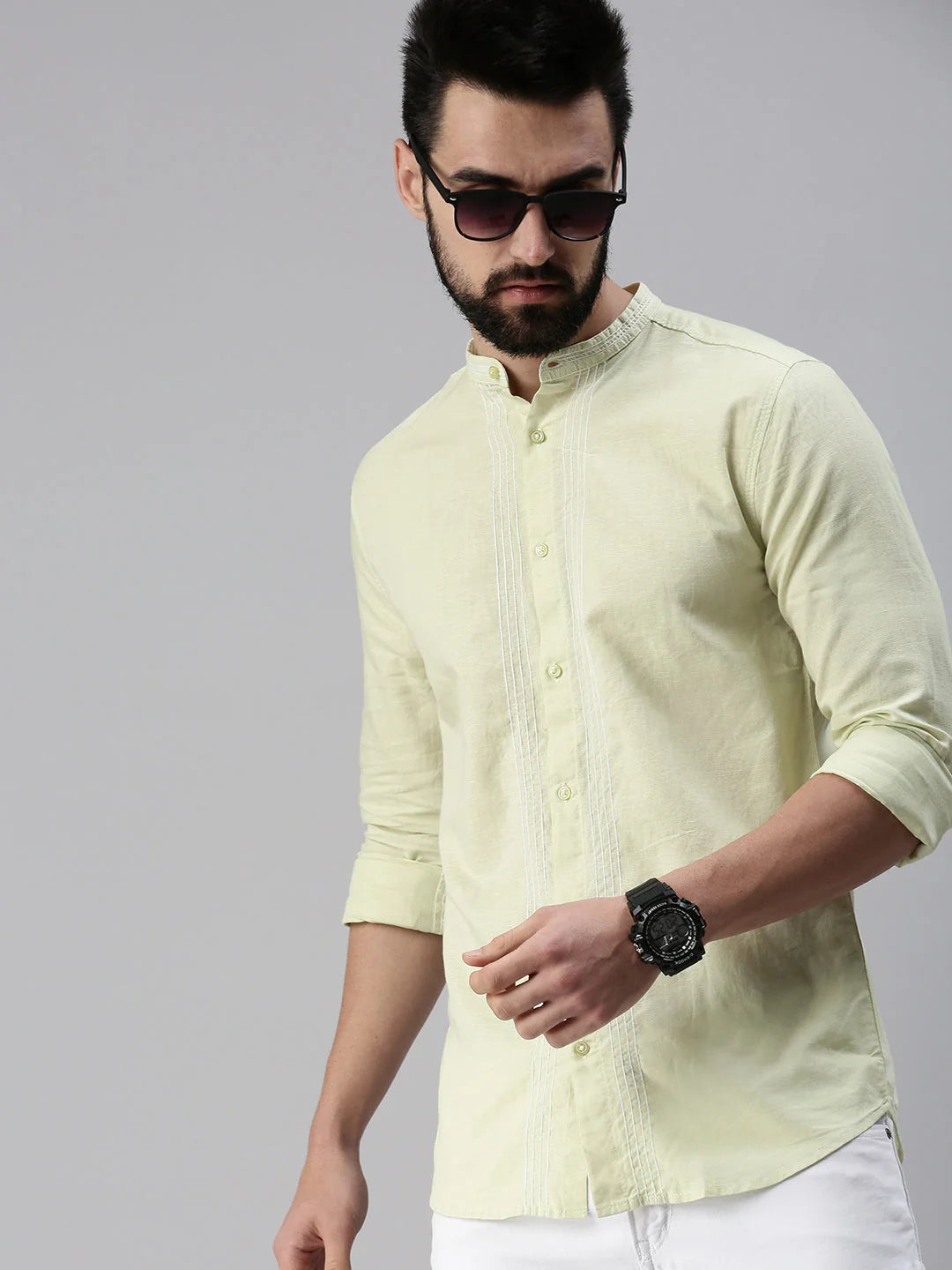 Mens Shirt: Solid Green Mandarin Collar Cotton Shirt | DesiQlo
