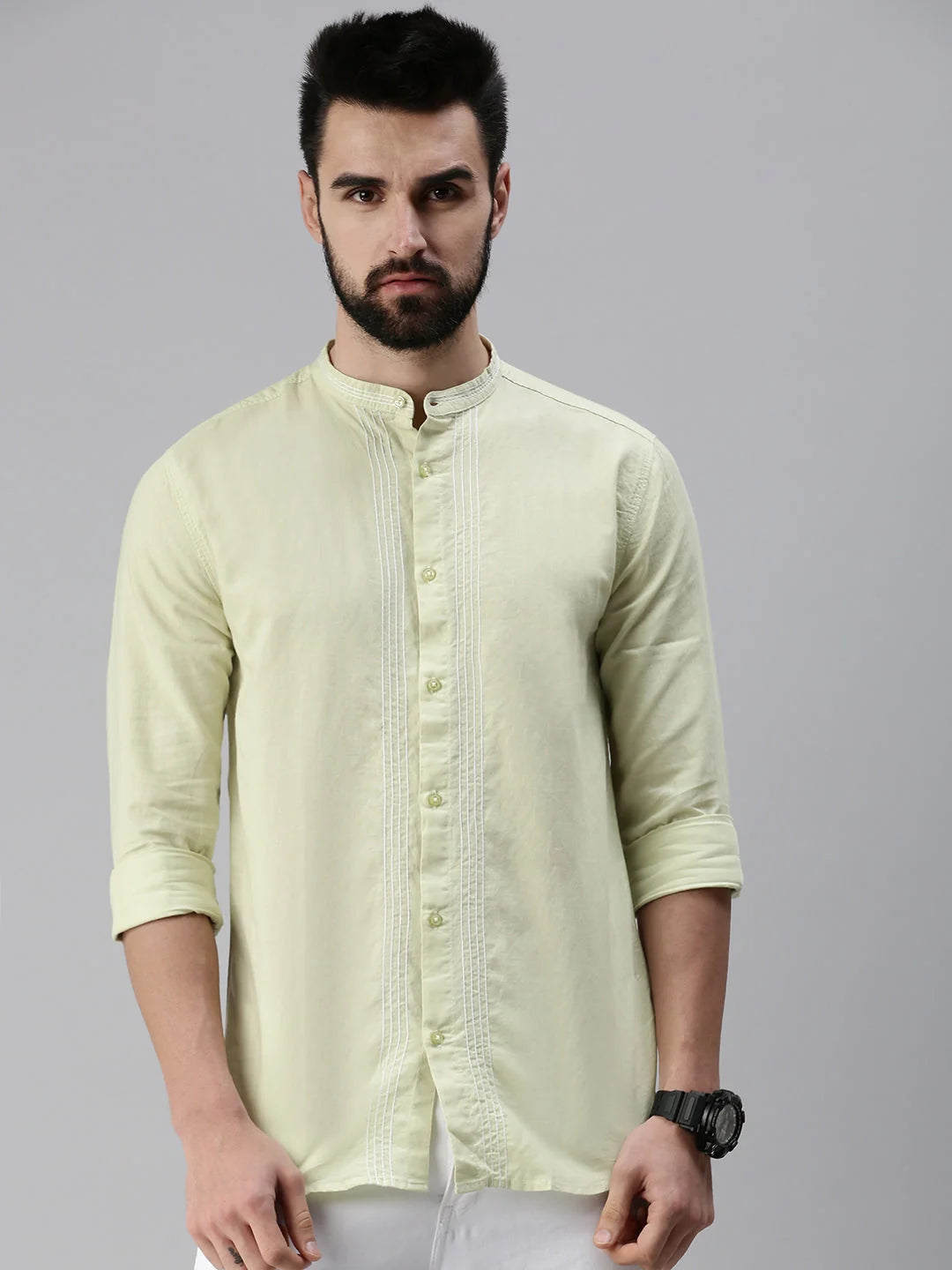 Mens Shirt: Solid Green Mandarin Collar Cotton Shirt | DesiQlo