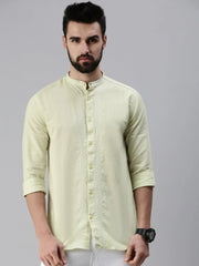 Men Mandarin Collar Solid Green Shirt-Chainlinen-396-Green
