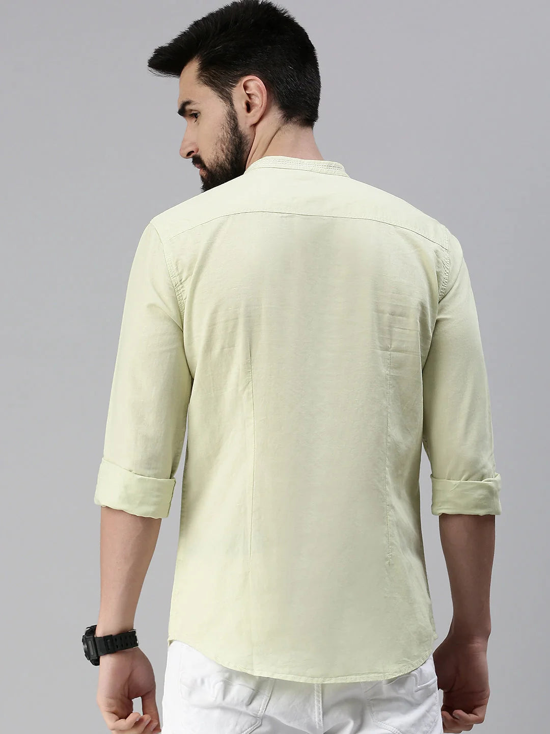 Mens Shirt: Solid Green Mandarin Collar Cotton Shirt | DesiQlo