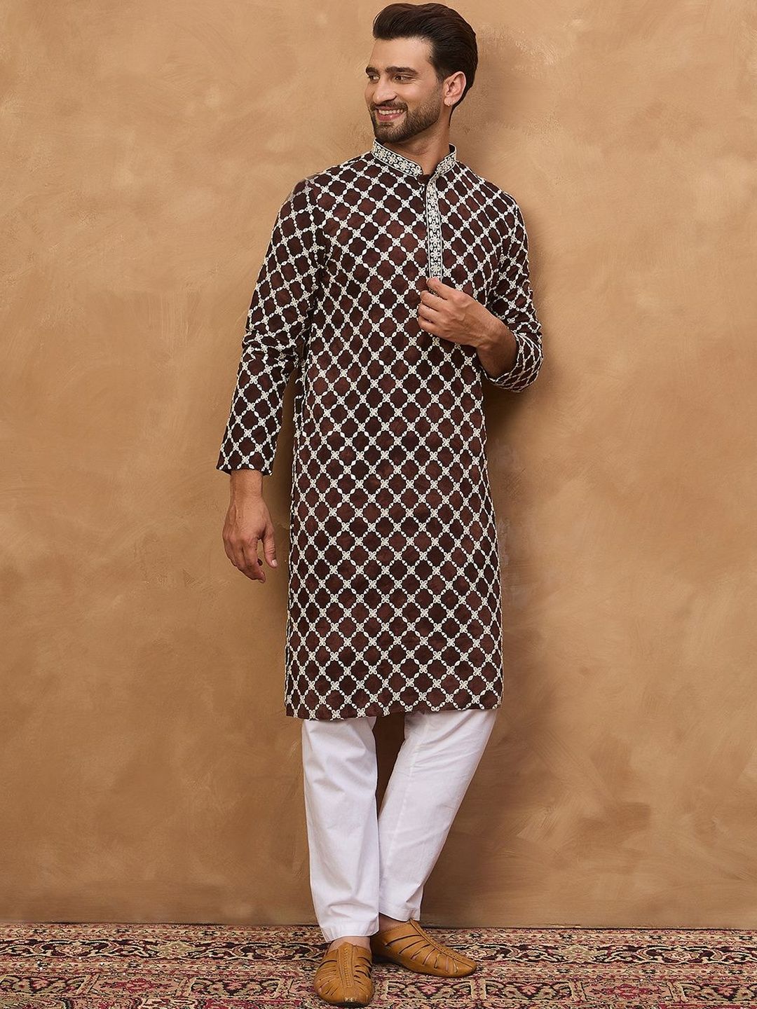 Ethnic Bay Men Brown Viscose Rayon Solid Embroidered Straight Kurta With Pant Set-MKSET1536