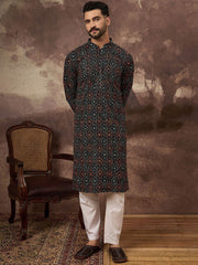 Ethnic Bay Men Black Viscose Rayon Bandhani Embroidered Straight Kurta With Pant Set-MKSET1402