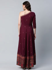 Burgundy & Gold-Toned Printed One Shoulder Ethnic Maxi Dress-AHKUCRGP-907-FF