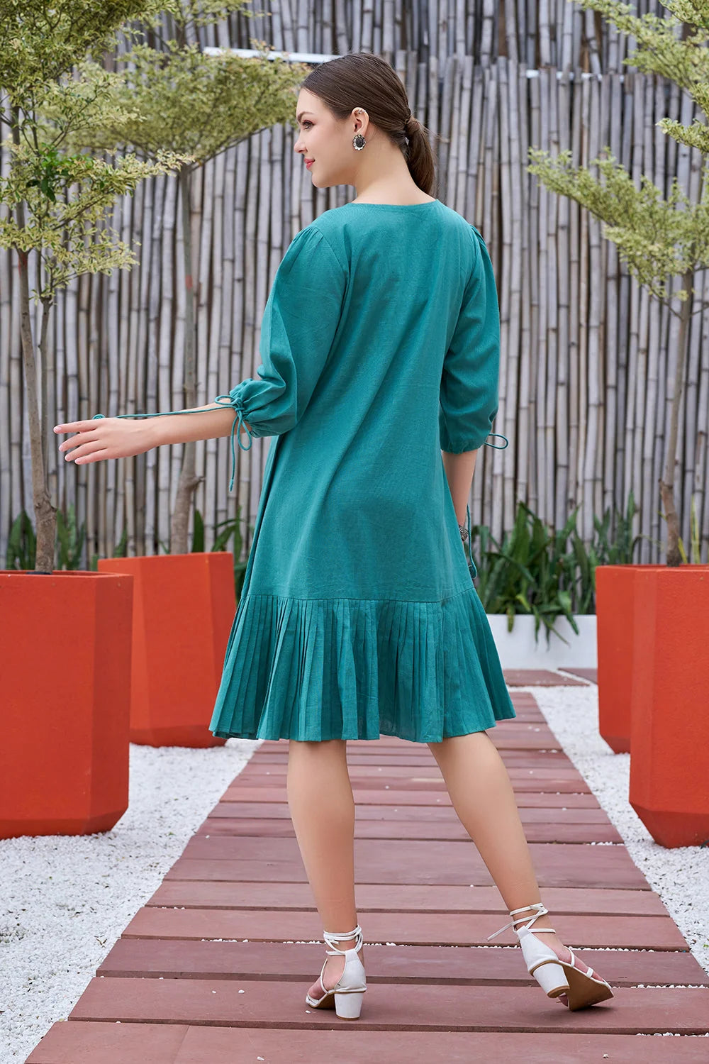 Plus Size Jade Green Cotton Hand Painted V-Neck Dress