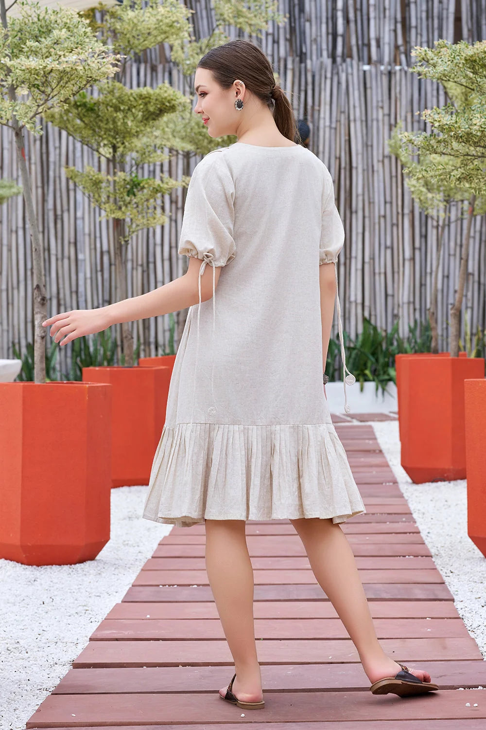 Plus Size Off White Hand painted Cotton Flared Dress