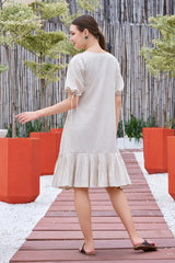 Plus Size Off White Hand painted Cotton Flared Dress-CL-SW-3048