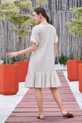 Plus Size Off White Hand painted Cotton Flared Dress-CL-SW-3048