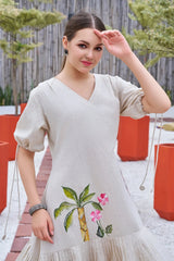 Plus Size Off White Hand painted Cotton Flared Dress-CL-SW-3048