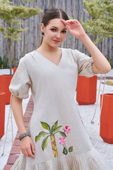 Plus Size Off White Hand painted Cotton Flared Dress-CL-SW-3048