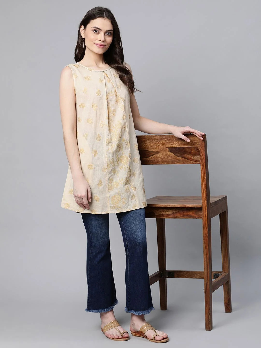 Floral Printed Beige Cotton Tunic Top - Indian Kurtis Online