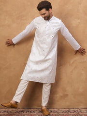 Ethnic Bay Men White Silk Blend Solid Embroidered Straight Kurta With Pant Set-MKSET1444
