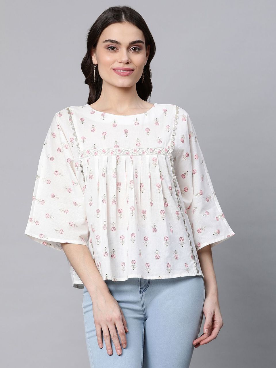 Floral Print Tunic Top - Off White Cotton Indian Kurti Online