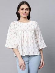 Off White Pure Cotton Floral Printed Tunic-AHTUCOPG-8065