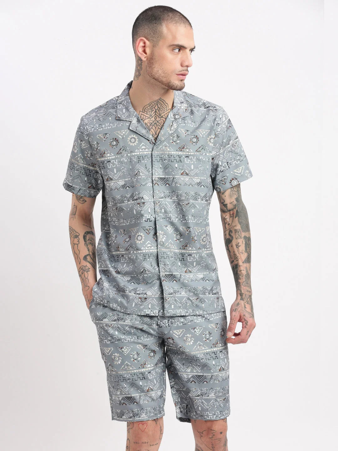 Men's Geometric Print Grey Co-Ord Set | Cuban Collar Style