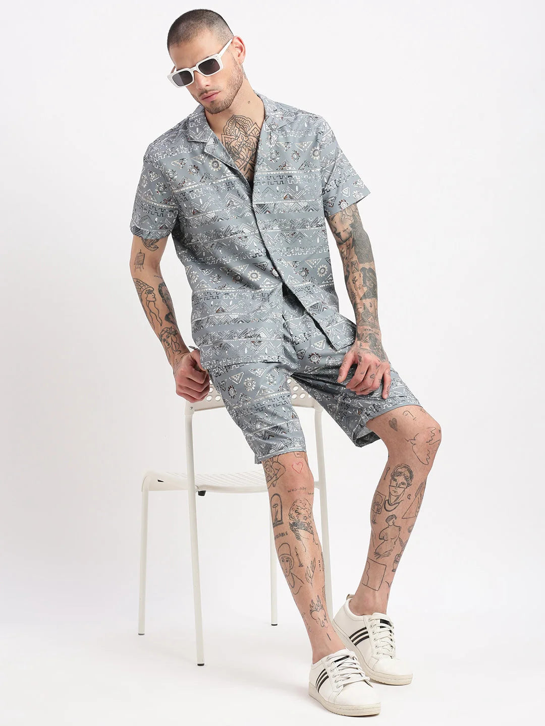 Men's Geometric Print Grey Co-Ord Set | Cuban Collar Style