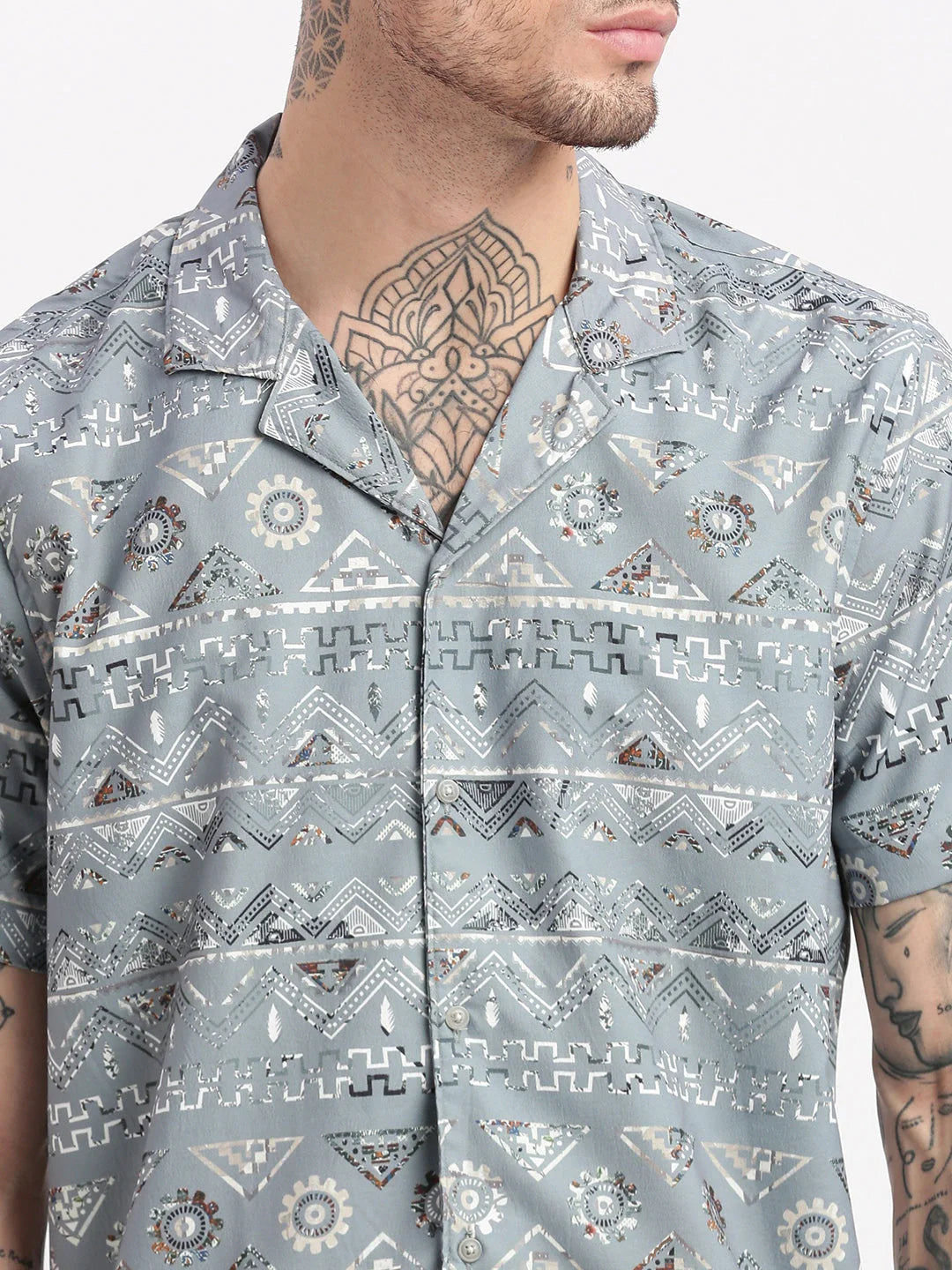 Men's Geometric Print Grey Co-Ord Set | Cuban Collar Style
