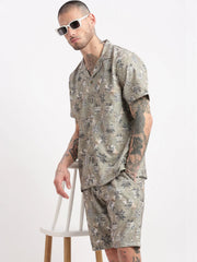 Men Abstract Cuban Collar Green Co-Ords Set-Cyril-2504-Green