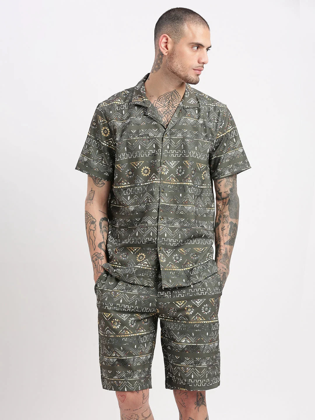 Men's Olive Geometric Print Co-Ord Set | Cuban Collar Style