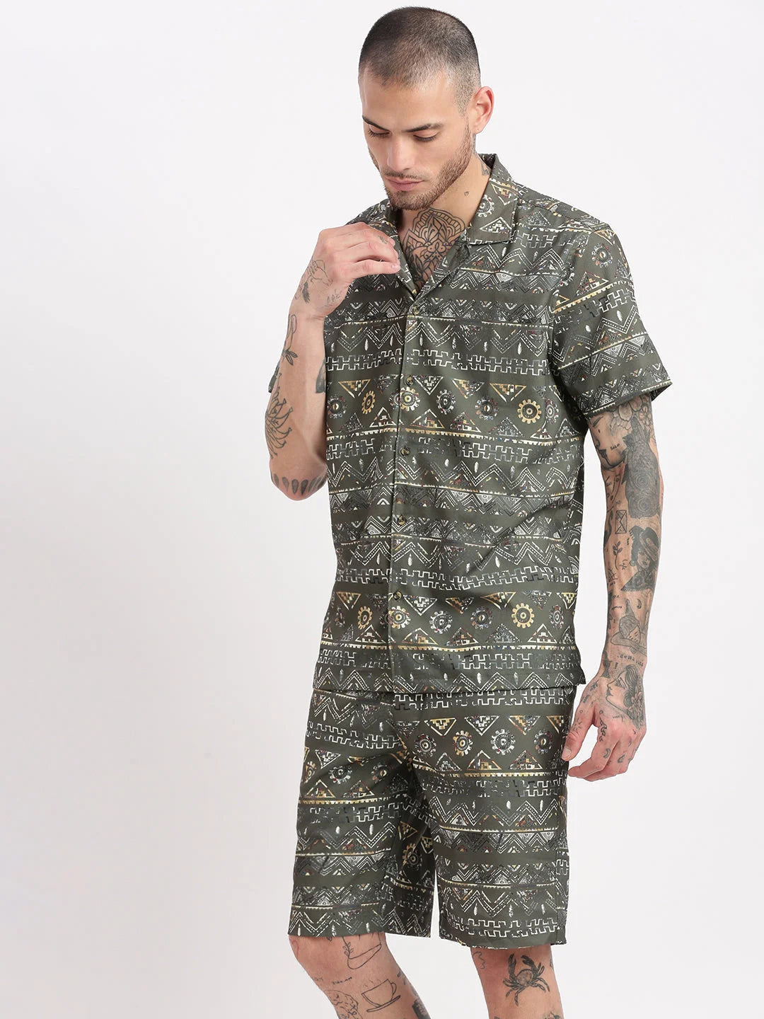 Men's Olive Geometric Print Co-Ord Set | Cuban Collar Style
