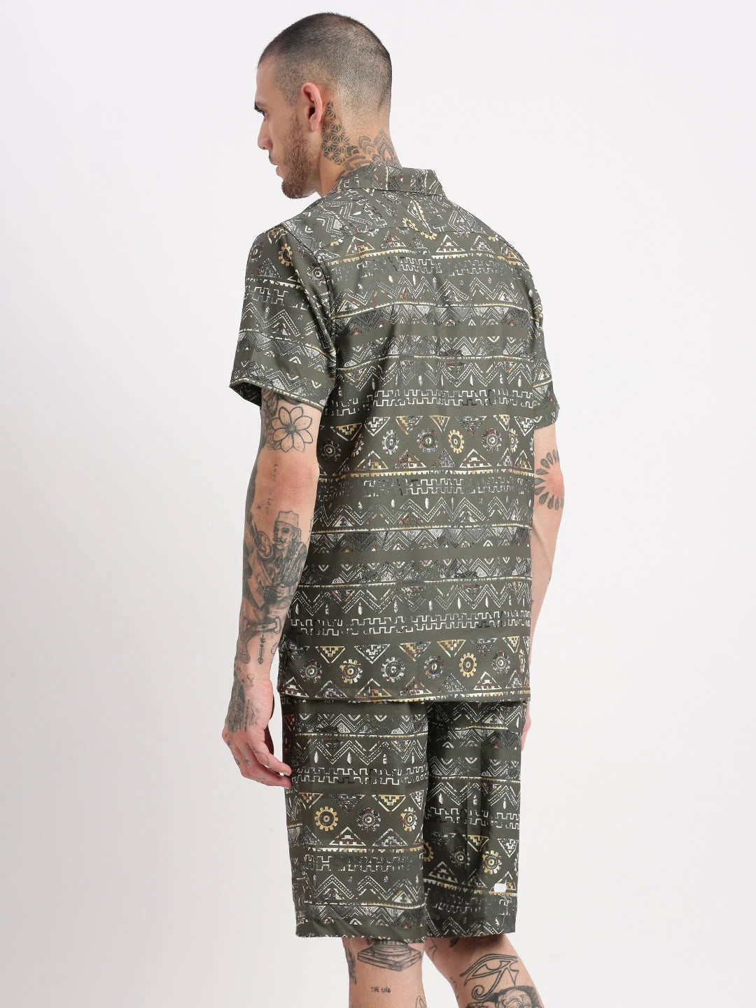 Men's Olive Geometric Print Co-Ord Set | Cuban Collar Style
