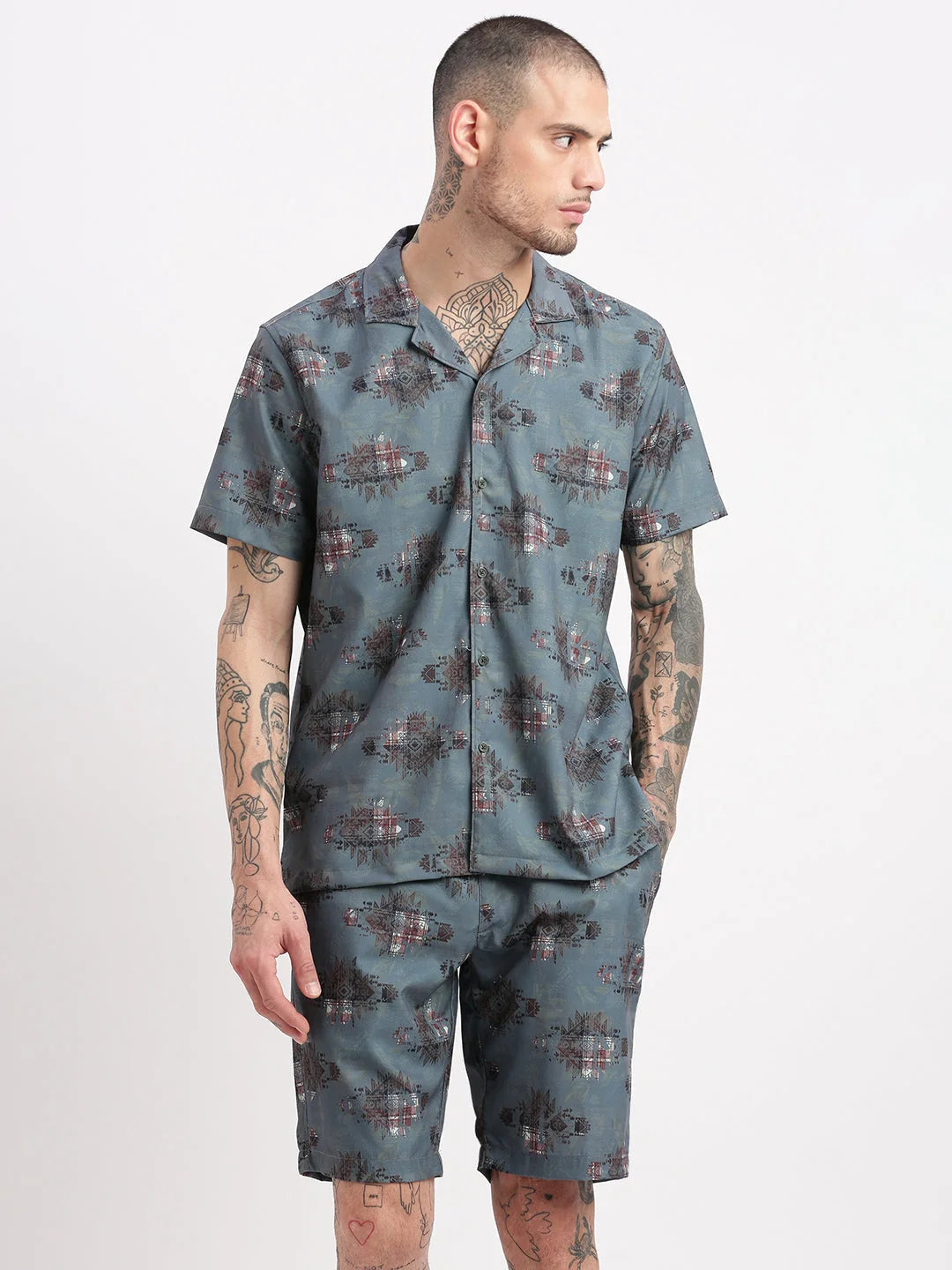 Teal Geometric Mens Two Piece Sets - Cuban Collar, Cotton